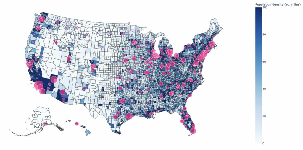 Number of Phase 2 / Phase 3 Clinical Tirals by U.S. County (2000-2023)